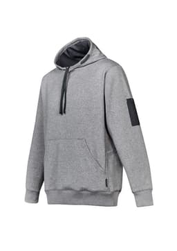 A grey unisex hoodie featuring a multi-pocket design and a logo. It has a hood and a front pouch pocket.