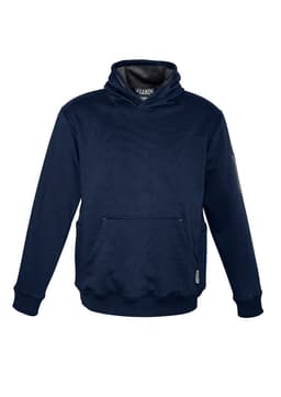 A navy unisex multi-pocket hoodie featuring a front pouch pocket and a logo on the sleeve.