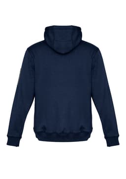 A navy unisex multi-pocket hoodie featuring a hood and ribbed cuffs, with a logo on the sleeve.