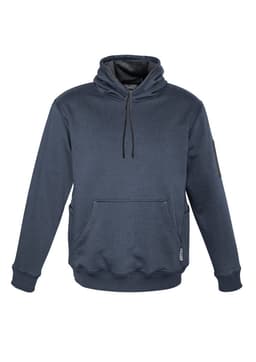 A navy blue unisex hoodie featuring multiple pockets and a hood, with a logo on the sleeve.