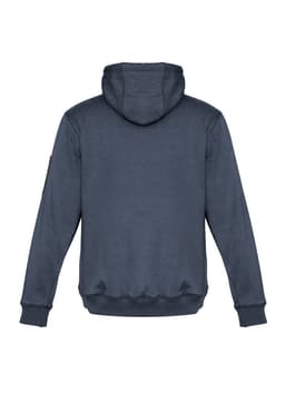 A navy unisex multi-pocket hoodie featuring a hood and ribbed cuffs, with a logo on the sleeve.