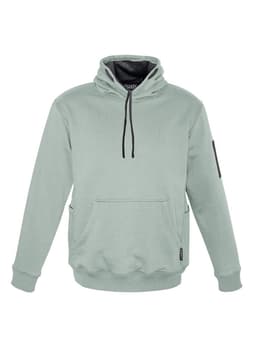 A light green unisex multi-pocket hoodie featuring a drawstring hood and a side pocket. It has a logo on the sleeve.