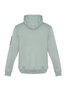 A unisex multi-pocket hoodie in light green, featuring a hood and a branded logo on the sleeve.