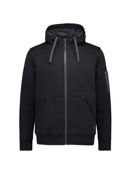 A black unisex zip front hoodie featuring a multi-pocket design and a hood. It includes a logo on the sleeve.