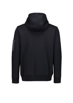 A black unisex zip front hoodie with a multi-pocket design and a hood, featuring a logo on the sleeve.