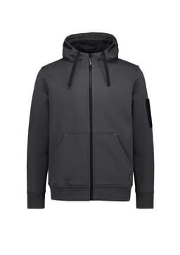 A unisex zip front multi-pocket hoodie in dark grey with a hood and front pockets, featuring a logo on the sleeve.