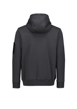 A unisex zip front hoodie in dark grey with multiple pockets and a hood, featuring a logo.