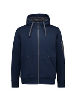 A navy unisex zip front hoodie featuring multiple pockets and a hood. It has a logo on the sleeve.