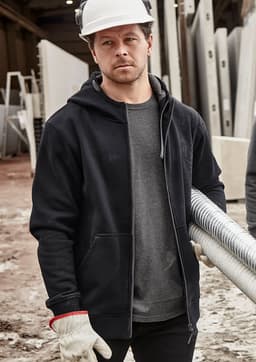 A black unisex zip front multi-pocket hoodie displayed on a person wearing gloves and a hard hat in a work environment.