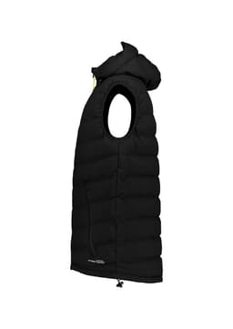 A black unisex hooded puffer vest with armholes and a zippered front pocket, featuring a logo on the side.