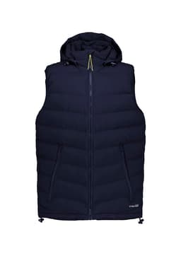 A navy unisex hooded puffer vest with a front zip and two side pockets. Features a logo on the upper.
