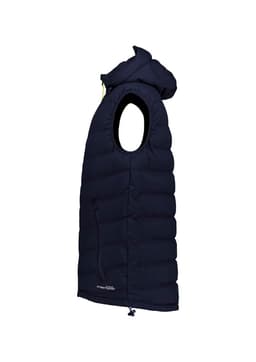 A unisex hooded puffer vest in navy blue, featuring a logo and a sleeveless design.