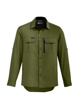 A long sleeve, button-up shirt in olive green with a front zip pocket and two chest pockets. It has a logo on it.