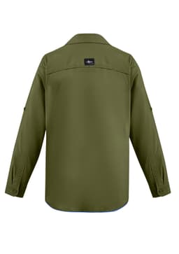 An olive green men's outdoor long sleeve shirt with a button-up front and a logo on the back.