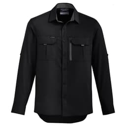 A black long sleeve button-up shirt with two front pockets and a logo. Suitable for outdoor activities.