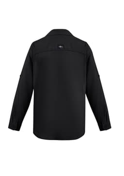 A black long sleeve button-up shirt featuring a back yoke and logo, designed for outdoor use.