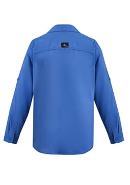 A blue long sleeve outdoor shirt with a button-up design and a logo on the back.