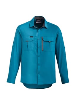 A men's long sleeve button-up shirt in teal, featuring two front pockets and a zipped pocket, with a logo.