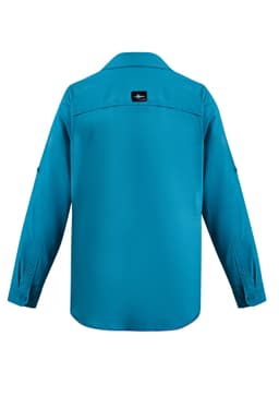 A long-sleeve button-up shirt in vibrant blue, featuring a back yoke and roll-up sleeve tabs. Includes a logo on the back.