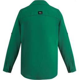 A green long sleeve shirt with a button-up front and a logo on the back.