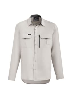 A light grey long sleeve button-up shirt featuring two front pockets and a zip pocket, with a logo on the chest.