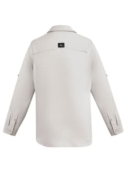 A light grey men's outdoor long sleeve button-up shirt with a logo on the back.