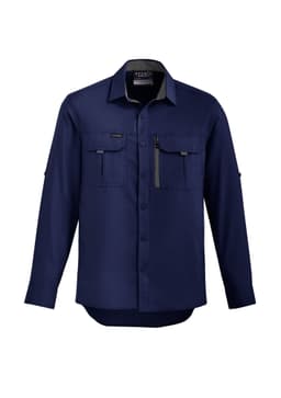 A men's long sleeve outdoor shirt in navy blue, featuring a button-up front and two chest pockets, with a logo.