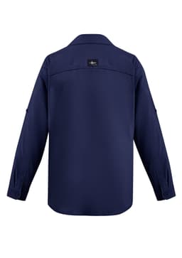 A navy long sleeve button-up shirt featuring a logo and a classic collar. Ideal for outdoor wear.