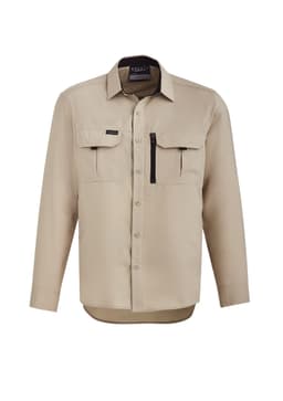 A beige long sleeve button-up shirt with two chest pockets and a zippered pocket, featuring a logo.