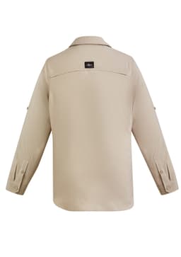 A beige long-sleeve button-up shirt with a collar and a logo on the back.
