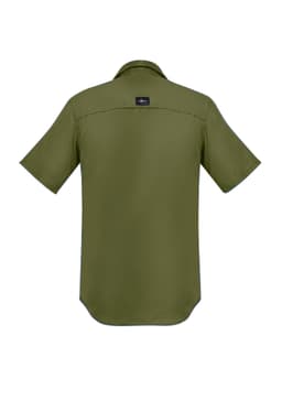 A short-sleeve men's button-up shirt in olive green, featuring a small logo on the back.