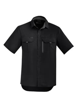 A black men's short sleeve button-up shirt featuring two front pockets and a zippered pocket, with a logo.