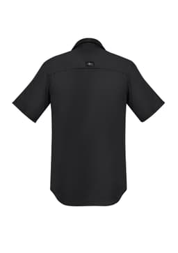 A black short sleeve button-up shirt with a logo on the back. Suitable for outdoor wear.