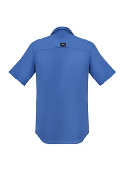 A blue men's outdoor short sleeve button-up shirt with a logo on the back.