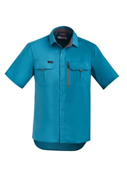 A turquoise short sleeve button-up shirt featuring two front pockets and a branding logo.