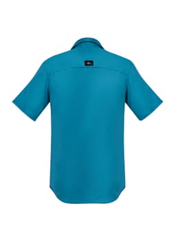 A short-sleeve button-up shirt in teal, featuring a collar and a logo on the back.