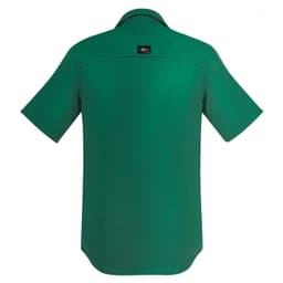 A men's outdoor short sleeve shirt in a vibrant green colour with a branded label on the back.