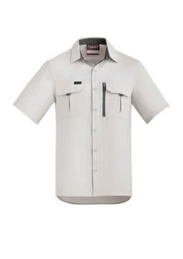 A light grey short sleeve button-up shirt with two front pockets and a zippered pocket. Features a logo.