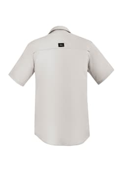 A short sleeve button-up shirt in light grey with a branded tag on the back.