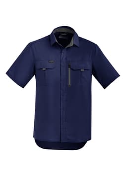 A navy short sleeve button-up shirt with two front pockets and a zippered pocket, featuring a logo.