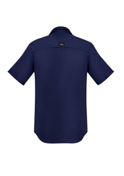 A navy blue men's outdoor short sleeve shirt with a button-up design and a logo on the back.