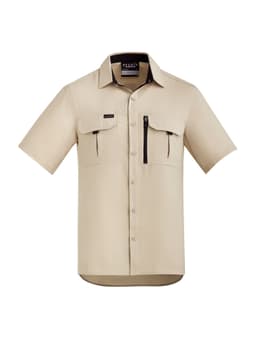 A short sleeve button-up shirt in beige with multiple pockets and a logo.