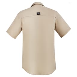A short sleeve men's outdoor button-up shirt in a light beige colour, featuring a logo on the back.