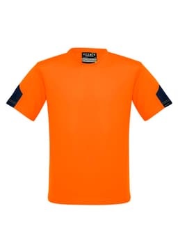 A bright orange T-shirt with navy blue sleeves and a logo on the front. Suitable for workwear use.