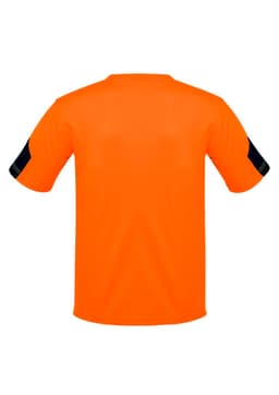 An orange hi-vis work t-shirt with black accents on the sleeves. It features a logo.