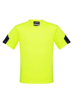 A bright yellow work t-shirt with dark navy blue sleeves and a logo on the front.