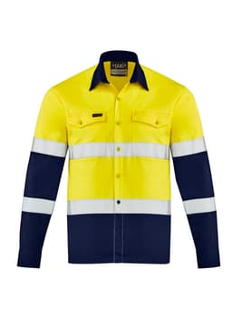 A yellow and navy long sleeve work shirt featuring reflective stripes and a logo on the chest.