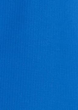 A vibrant blue fabric with a textured finish, suitable for women's outdoor short sleeve shirts. It features a logo.
