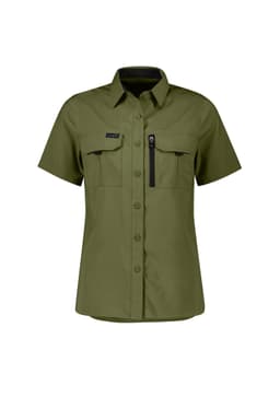 A short sleeve women's outdoor shirt in olive green with two front pockets and a logo.