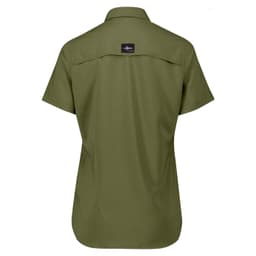 A short-sleeve women's outdoor shirt in olive green with a logo on the back.